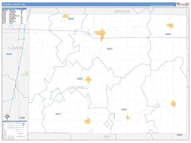 Caldwell County, MO ZIP Code Wall Map, Business Reference style