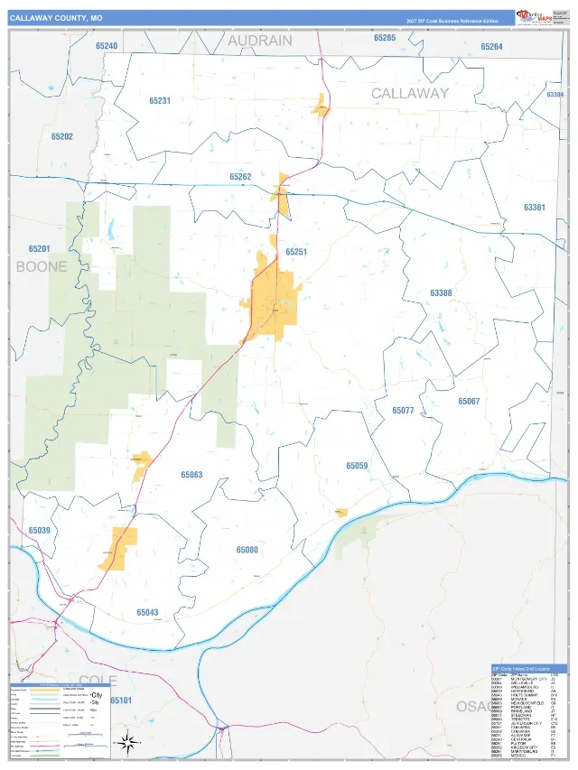 Callaway County, MO ZIP Code Wall Map, Business Reference style