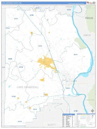 Cape Girardeau County, MO Business Reference style ZIP Code wall map