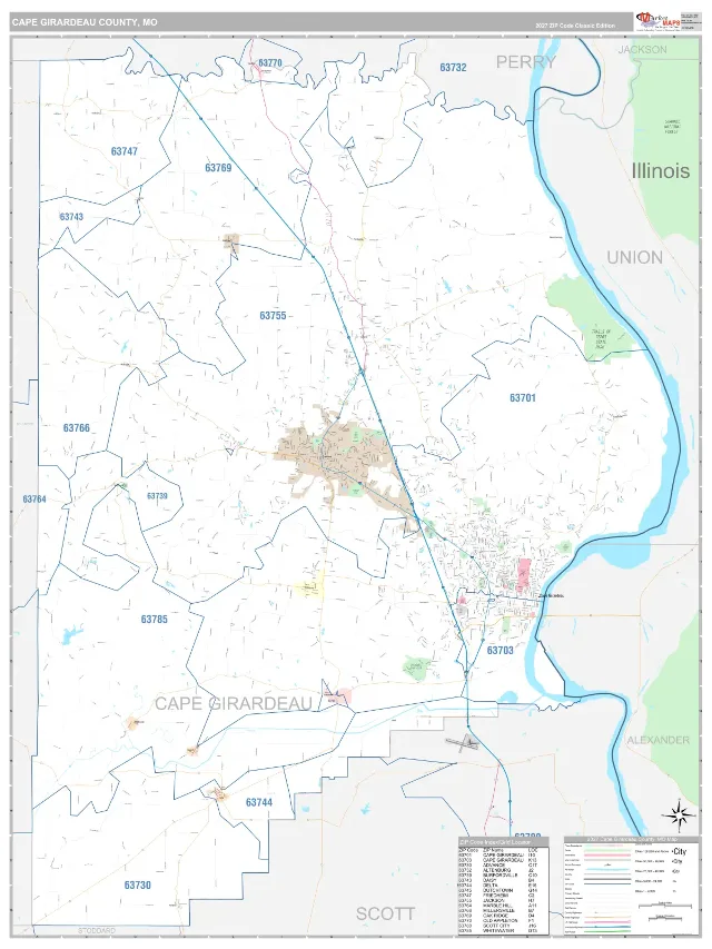 Cape Girardeau County, MO ZIP Code Wall Map, Classic style