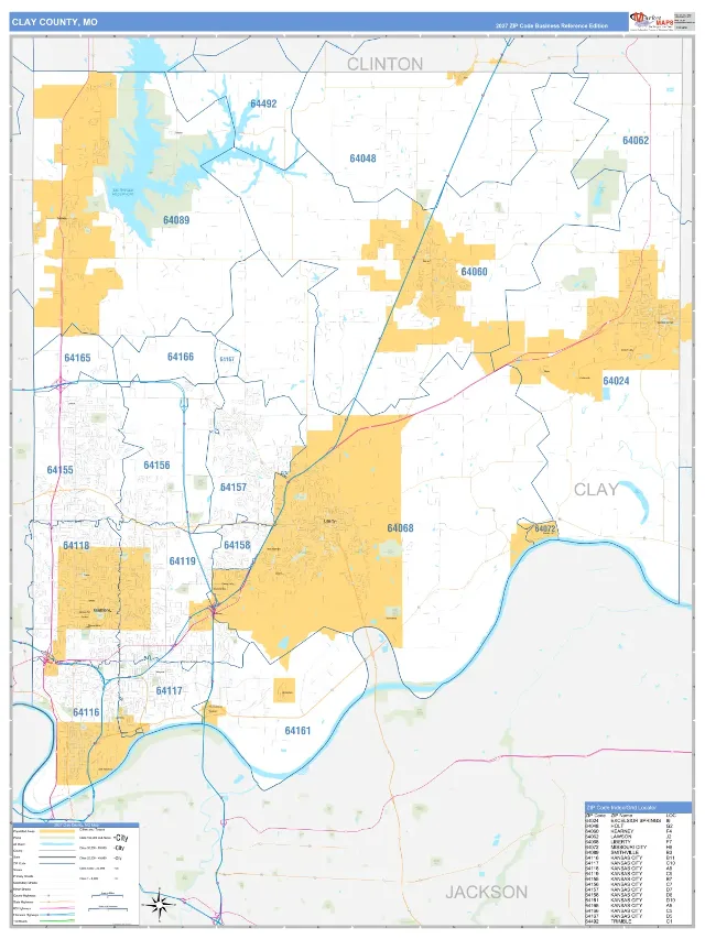 Clay County, MO ZIP Code Wall Map, Business Reference style