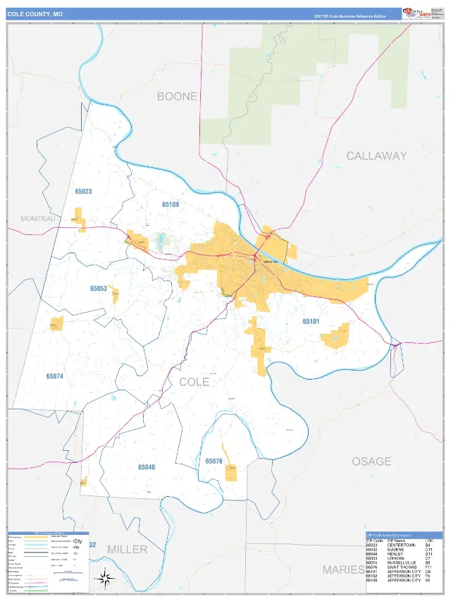 Cole County, MO ZIP Code Wall Map, Business Reference style