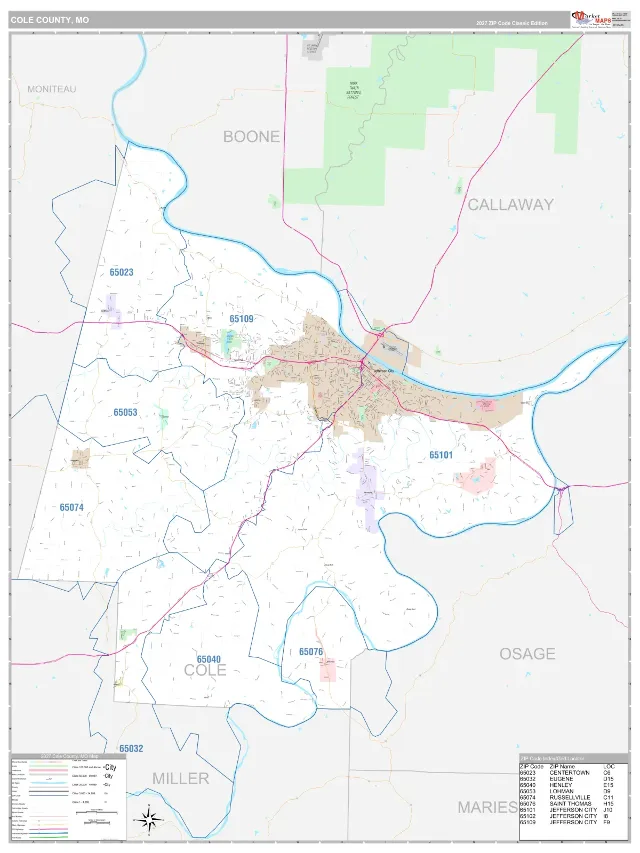 Cole County, MO ZIP Code Wall Map, Classic style