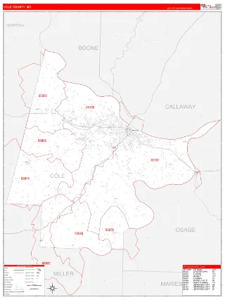 Cole County, MO RedLine style ZIP Code wall map