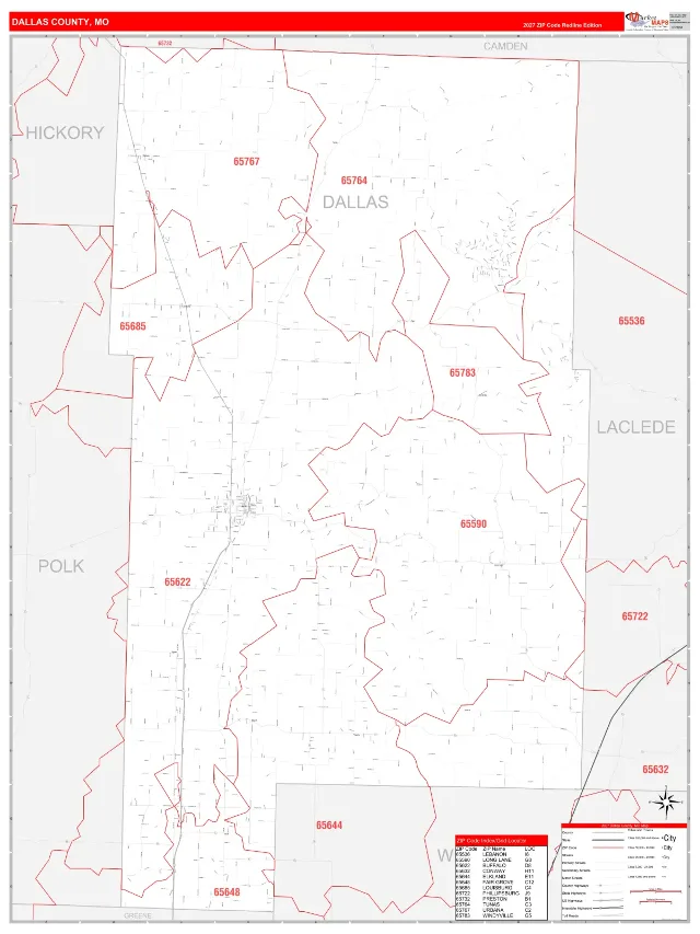 Dallas County, MO ZIP Code Wall Map, RedLine style