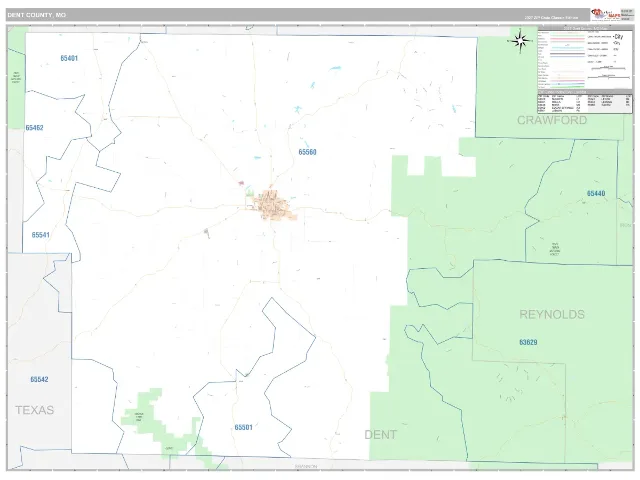 Dent County, MO ZIP Code Wall Map, Classic style