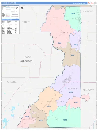 Dunklin County, MO ColorCast style ZIP Code wall map