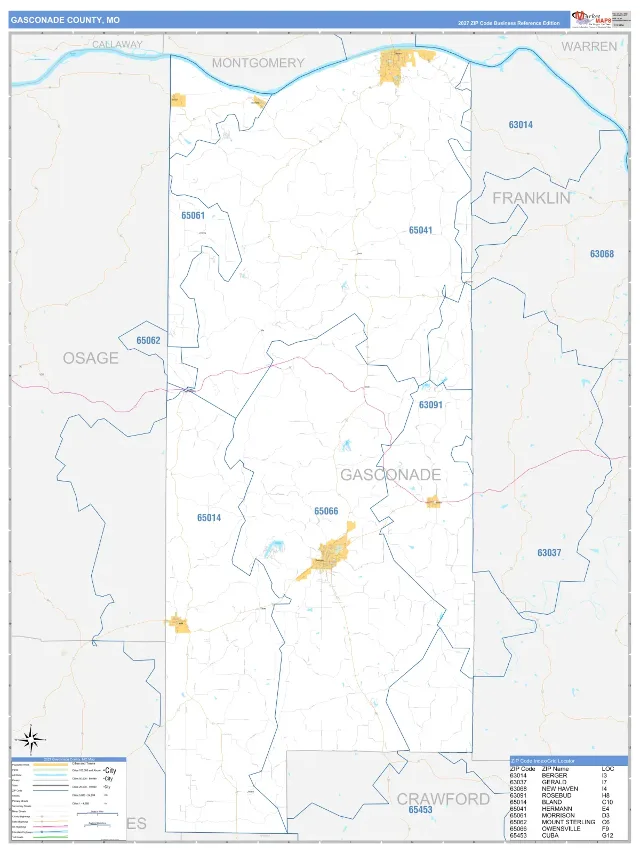 Gasconade County, MO ZIP Code Wall Map, Business Reference style