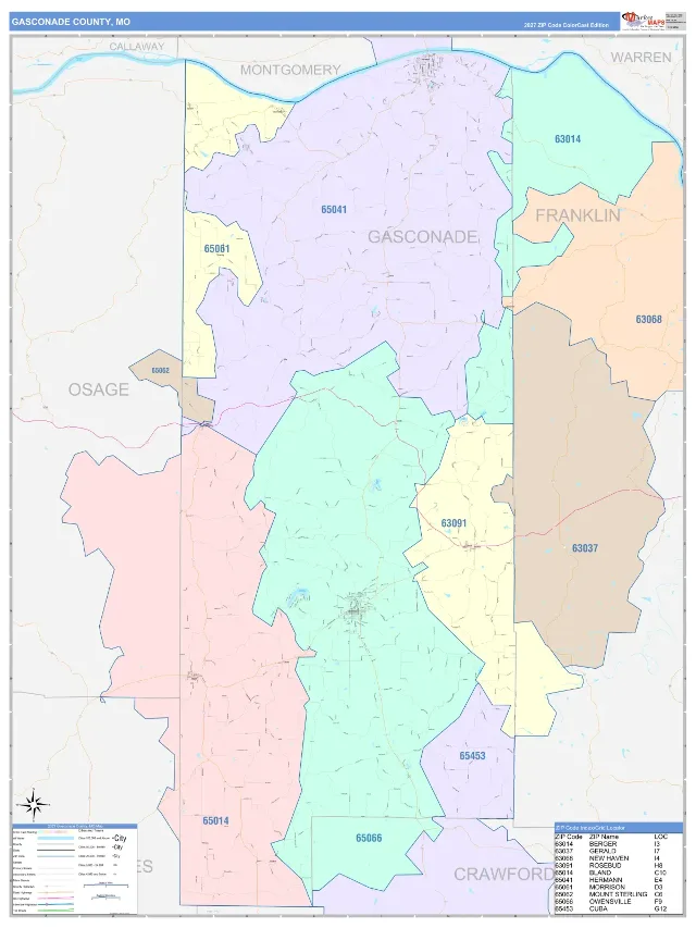 Gasconade County, MO ZIP Code Wall Map, ColorCast style