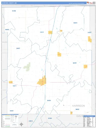 Harrison County, MO Business Reference style ZIP Code wall map
