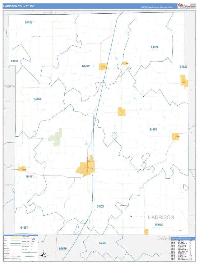 Harrison County, MO ZIP Code Wall Map, Business Reference style