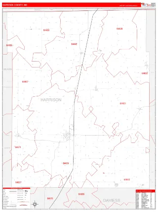 Harrison County, MO RedLine style ZIP Code wall map