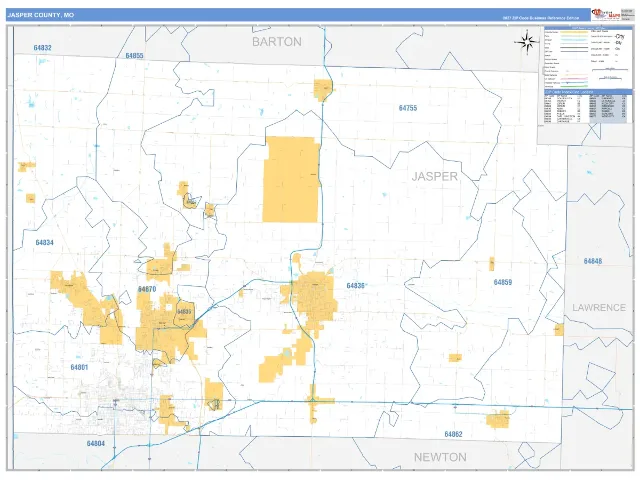 Jasper County, MO ZIP Code Wall Map, Business Reference style