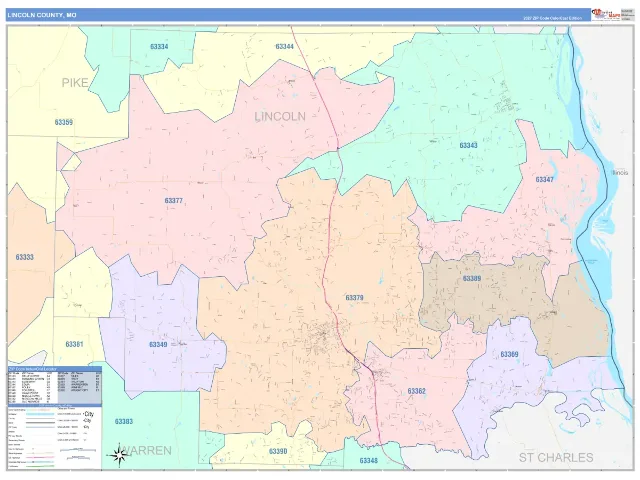 Lincoln County, MO ZIP Code Wall Map, ColorCast style