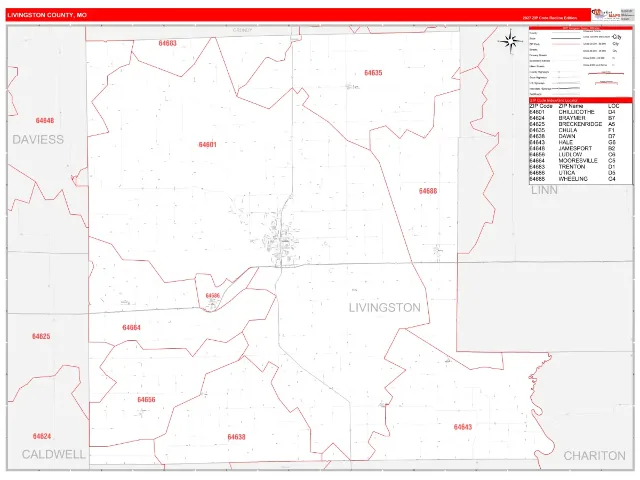Livingston County, MO ZIP Code Wall Map, RedLine style