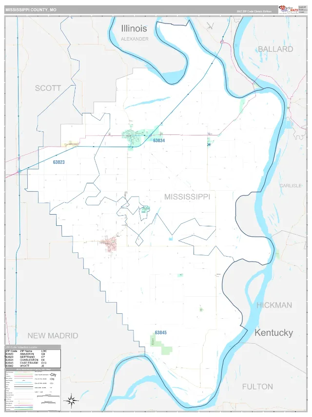 Mississippi County, MO ZIP Code Wall Map, Classic style