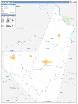 Moniteau County, MO Business Reference style ZIP Code wall map