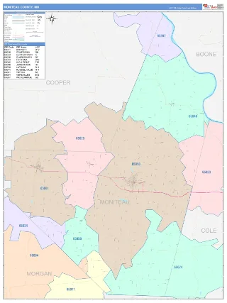 Moniteau County, MO ColorCast style ZIP Code wall map