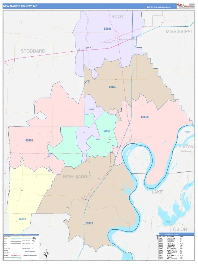 New Madrid County, MO ZIP Code Wall Map, ColorCast style