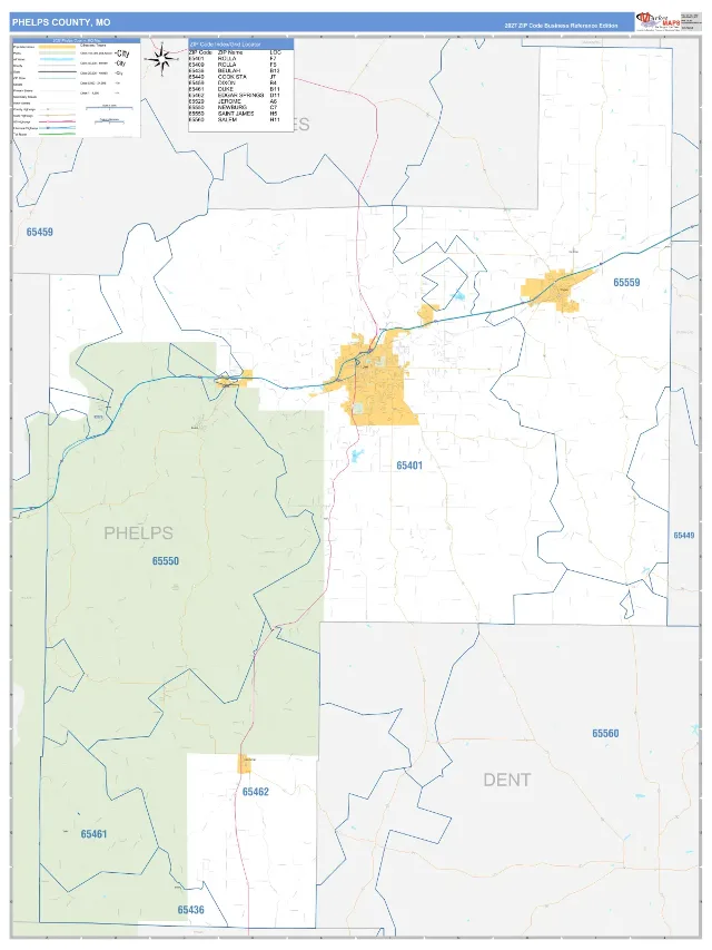 Phelps County, MO ZIP Code Wall Map, Business Reference style