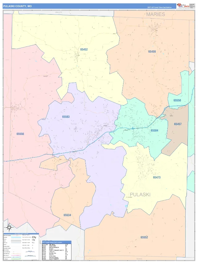 Pulaski County, MO ZIP Code Wall Map, ColorCast style