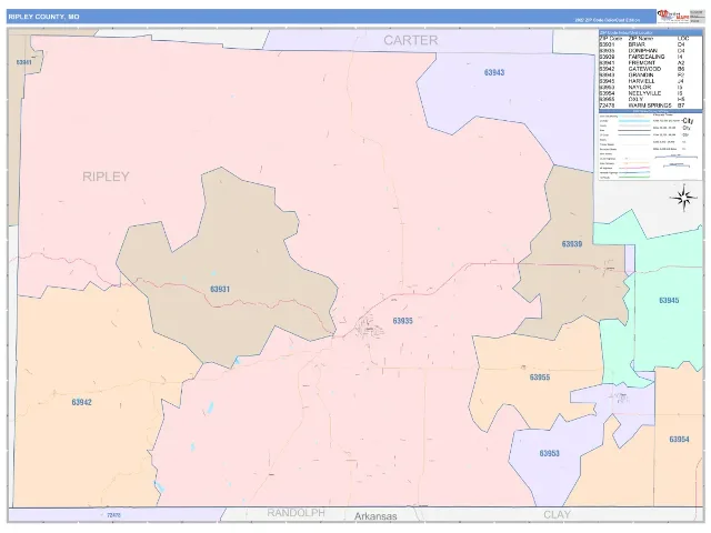 Ripley County, MO ZIP Code Wall Map, ColorCast style