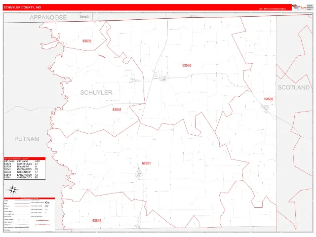 Schuyler County, MO ZIP Code Wall Map, RedLine style