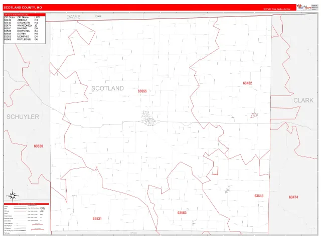 Scotland County, MO ZIP Code Wall Map, RedLine style