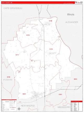 Scott County, MO RedLine style ZIP Code wall map
