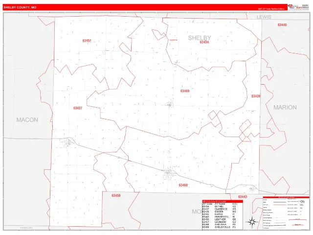 Shelby County, MO ZIP Code Wall Map, RedLine style