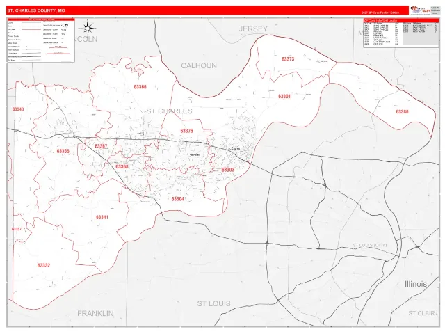 St. Charles County, MO ZIP Code Wall Map, RedLine style