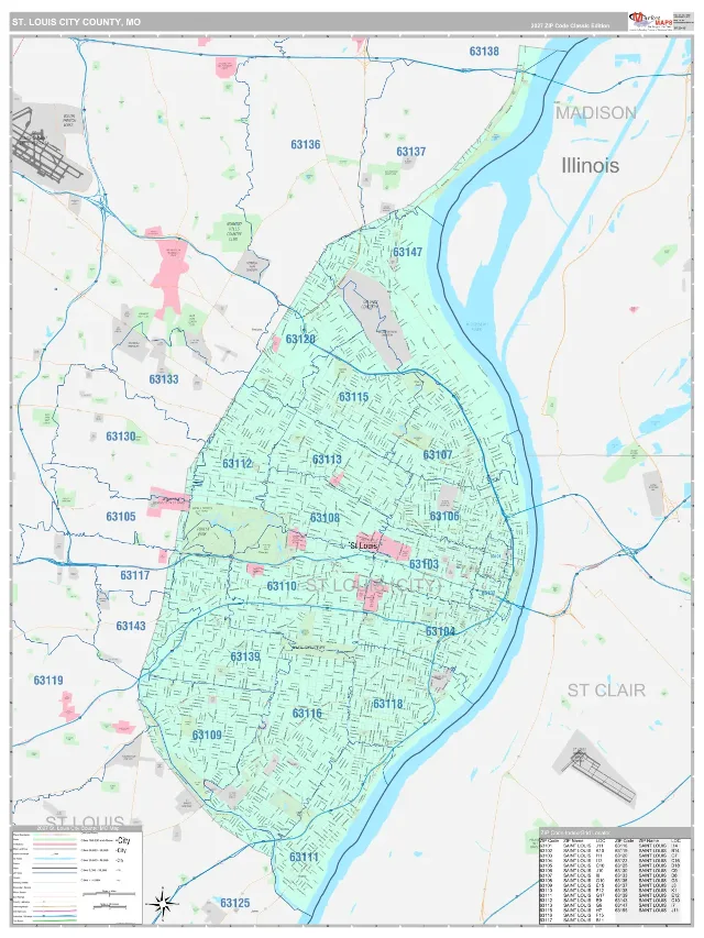 St. Louis City County, MO ZIP Code Wall Map, Classic style