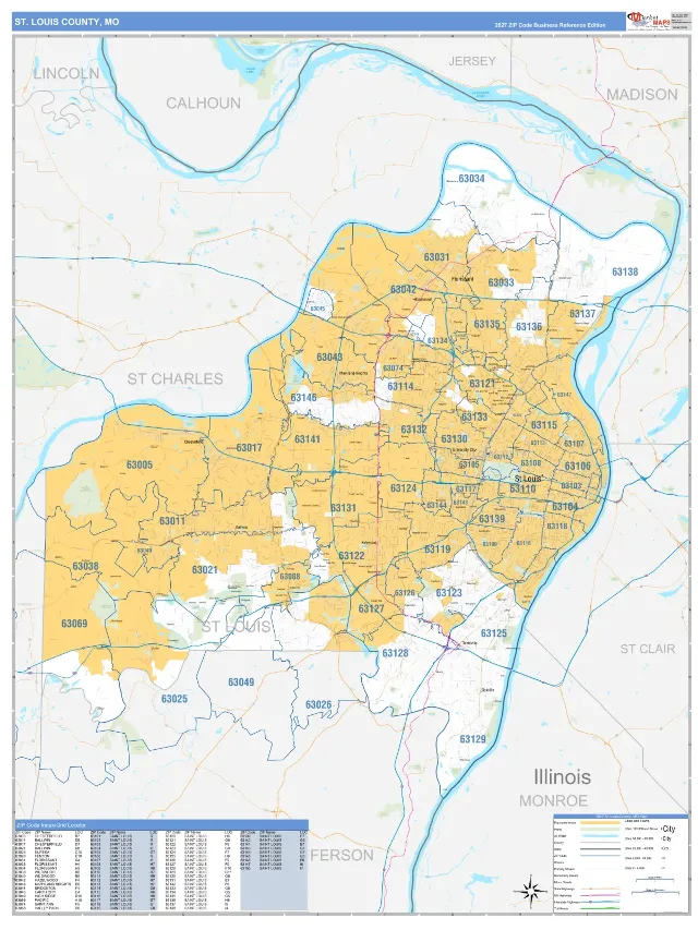 St. Louis County, MO ZIP Code Wall Map, Business Reference style