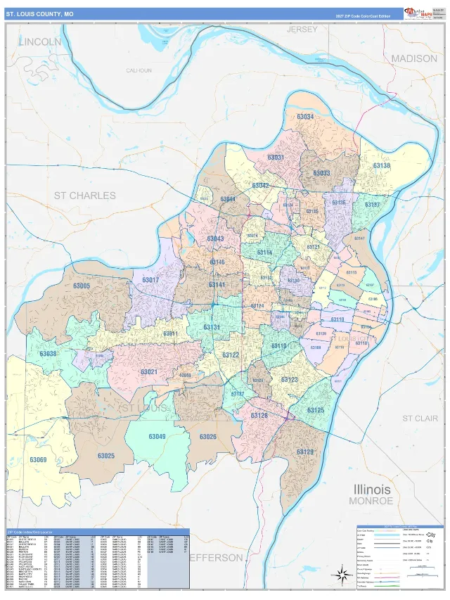 St. Louis County, MO ZIP Code Wall Map, ColorCast style