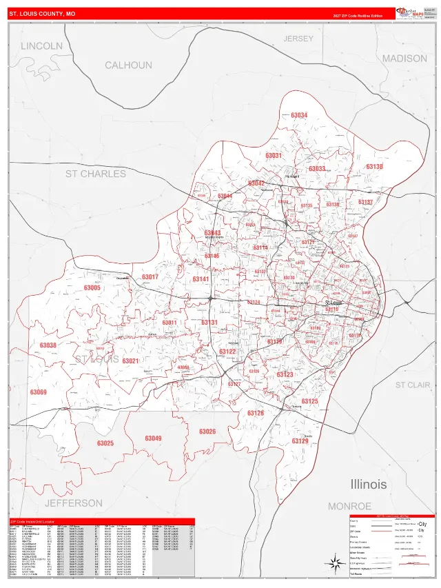 St. Louis County, MO ZIP Code Wall Map, RedLine style