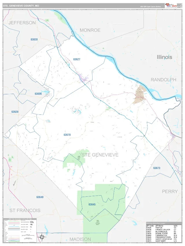 Ste. Genevieve County, MO ZIP Code Wall Map, Classic style