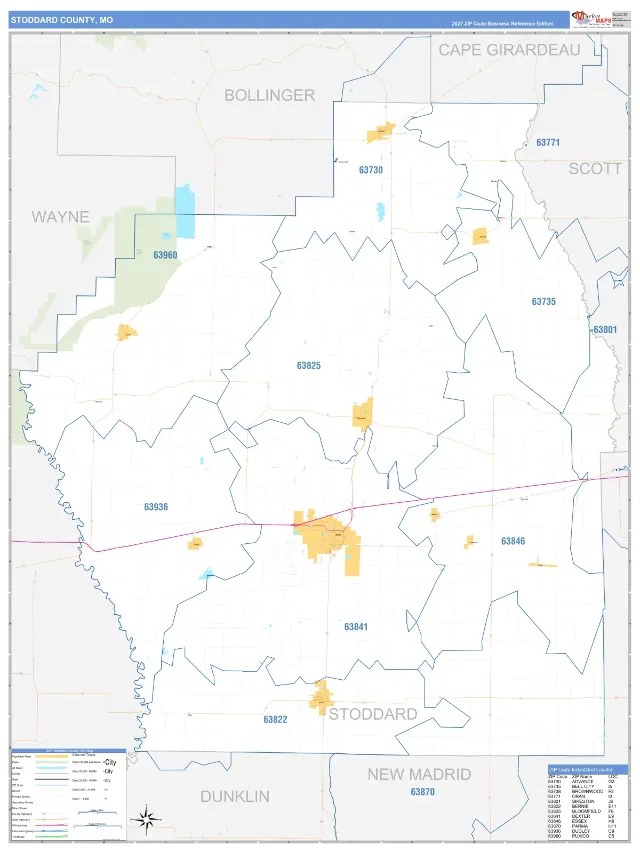 Stoddard County, MO ZIP Code Wall Map, Business Reference style