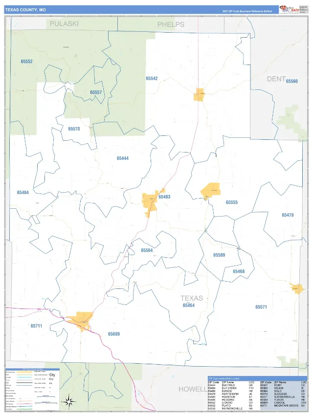 Texas County, MO ZIP Code Wall Map, Business Reference style