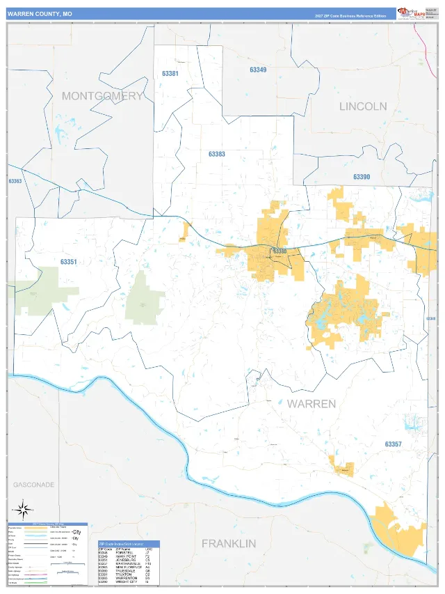 Warren County, MO ZIP Code Wall Map, Business Reference style