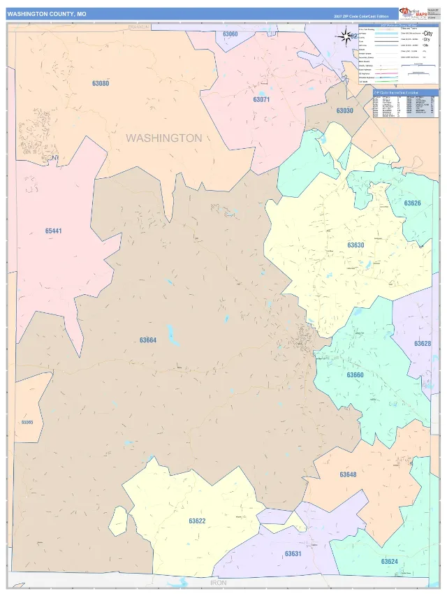 Washington County, MO ZIP Code Wall Map, ColorCast style