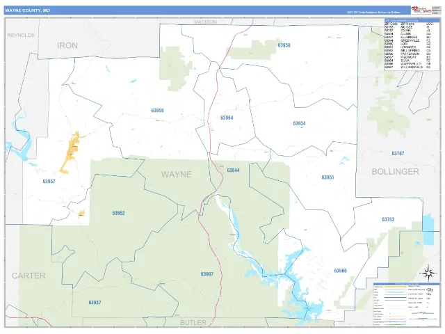 Wayne County, MO ZIP Code Wall Map, Business Reference style