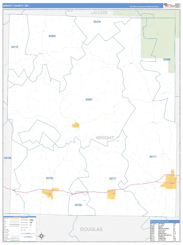 Wright County, MO ZIP Code Wall Map, Business Reference style