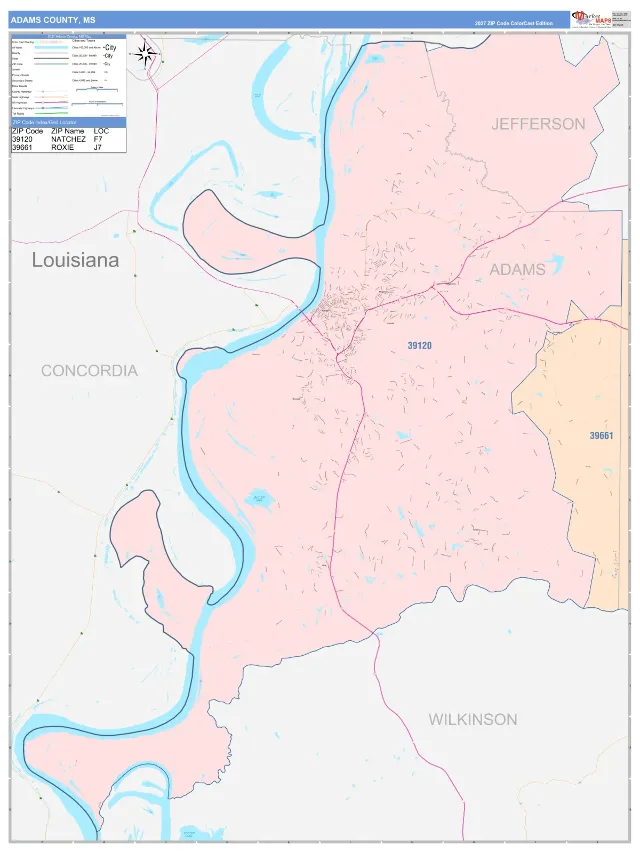 Adams County, MS ZIP Code Wall Map, ColorCast style