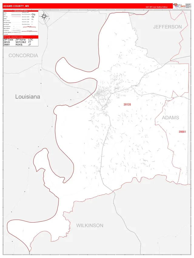 Adams County, MS ZIP Code Wall Map, RedLine style