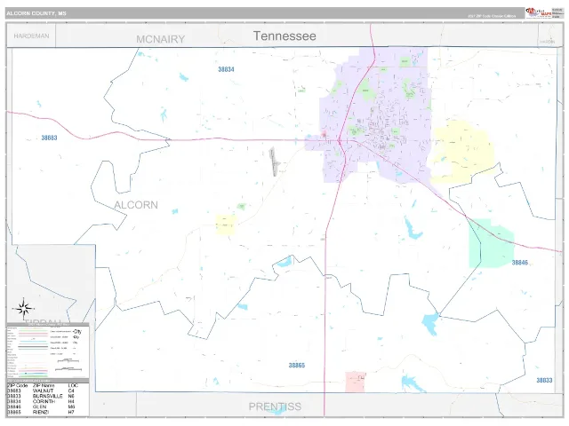 Alcorn County, MS ZIP Code Wall Map, Classic style