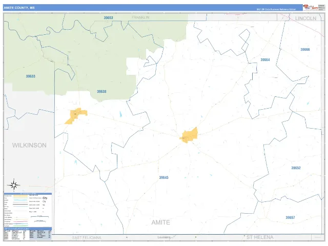 Amite County, MS ZIP Code Wall Map, Business Reference style
