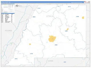 Attala County, MS Business Reference style ZIP Code wall map