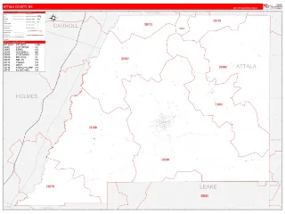 Attala County, MS RedLine style ZIP Code wall map