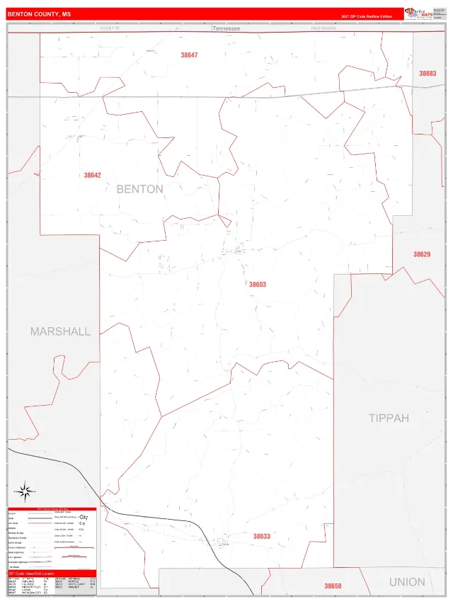 Benton County, MS ZIP Code Wall Map, RedLine style