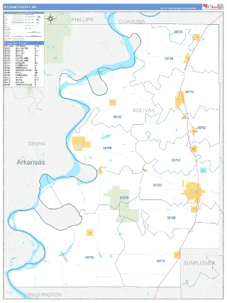 Bolivar County, MS Business Reference style ZIP Code wall map
